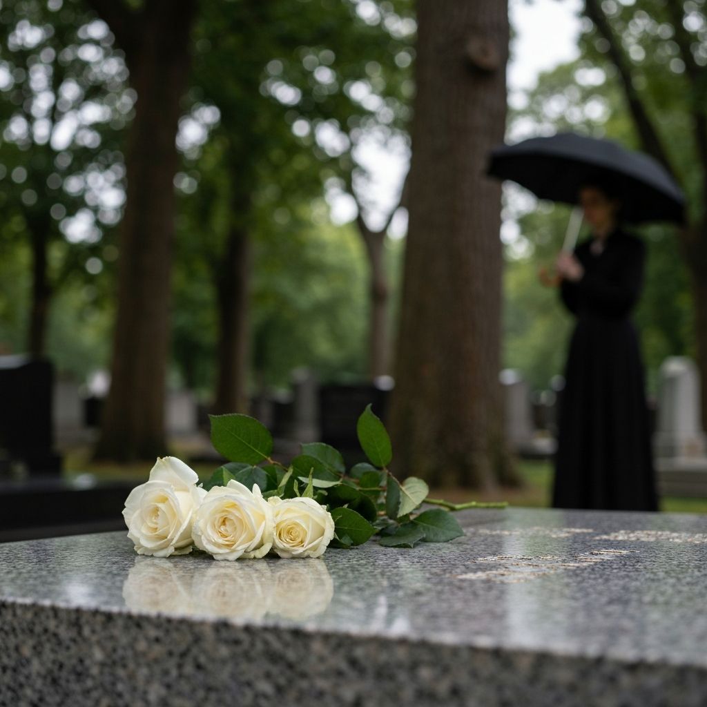 Roses blanches sur une pierre tombale dans un cimetière paisible